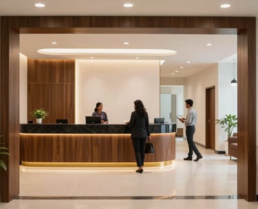 A wide shot of a brightly lit professional office lobby in Kochi, Kerala. Minimalist design with dark wood and gold accents. A South Asian / Indian receptionist is greeting a visitor in the distance.