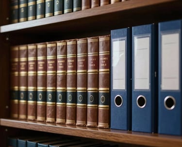 A close-up of a legal library shelf with organized leather-bound books and modern file folders. Subtle gold and dark blue lighting accents. Professional legal setting.