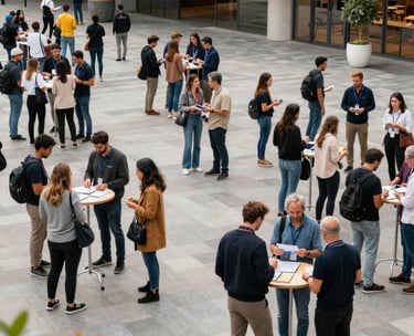 A professional high-angle photo of a vibrant community gathering in a modern public plaza, people collaborating in an International / Global setting, reflecting social responsibility.