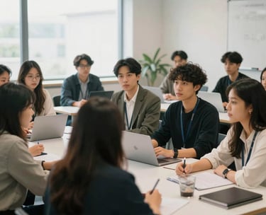 A professional photograph of an diverse group of young leaders in an International / Global setting, engaged in a collaborative workshop in a bright, modern room.