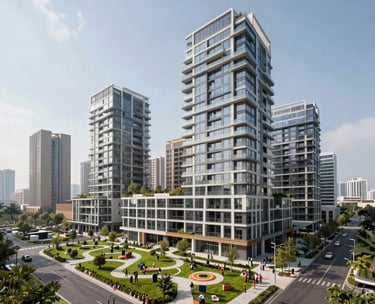 A professional photography shot of a modern urban development project in an International / Global setting, featuring sustainable architecture and community green spaces under a clear sky.
