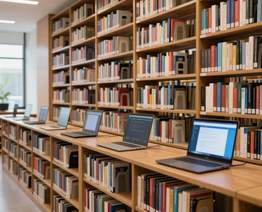 A professional photography of a modern library filled with books and digital technology, representing global education and knowledge.