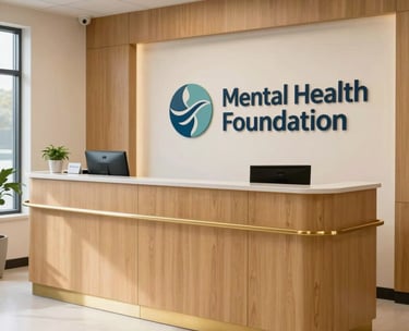 A clean, bright reception area of a mental health foundation, featuring a professional and compassionate atmosphere with gold-toned wood accents, North American / US.
