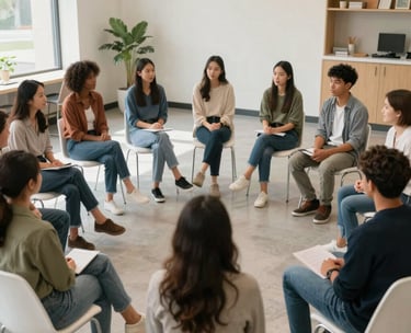 A diverse group of young adults sitting in a circle for a peer support meeting in a clean, modern US community center with soft, inviting lighting.