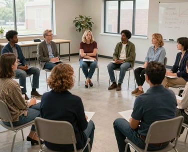 A high-quality photography shot of a diverse group of adults participating in an educational mental health seminar in a bright North American community hall.