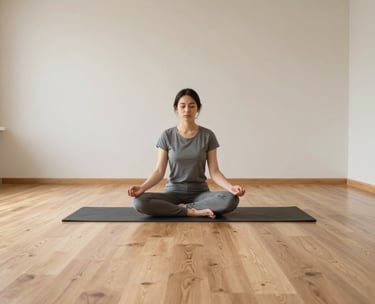 An interior shot of a tranquil meditation room with light wood floors and soft off-white walls, designed for stress management programs in a North American setting.