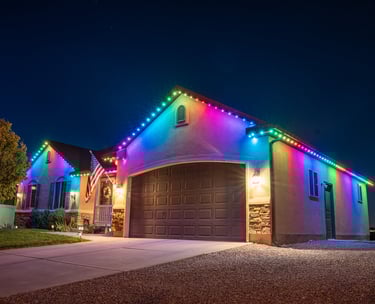 Rainbow colored lights shining at night