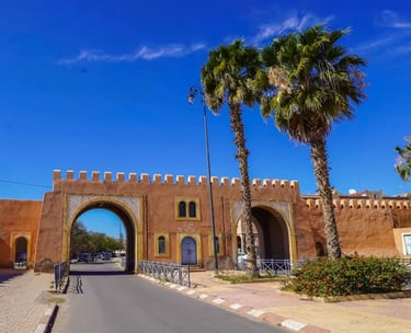 a gated entrance to a building with palm trees