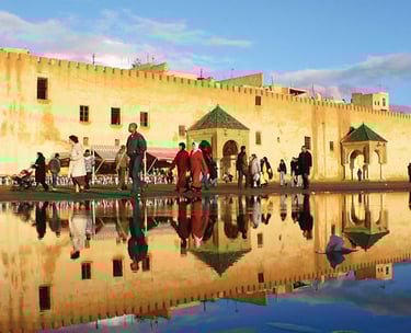 a group of people walking around a building