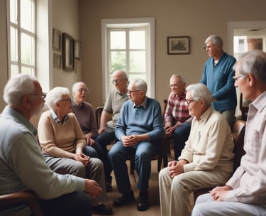 An older person with white hair is sitting in a wheelchair facing away in a cozy indoor setting. A small wooden table nearby holds a glass mug of tea placed on a coaster. The background features some home furnishings and decorative elements.