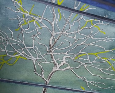 A watercolor, gouache and graphite image of a tree and scaffolding. Blue-green in overall tone.