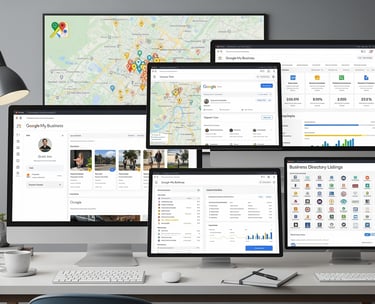 Local SEO optimization and Google My Business management interface showing business listings across 