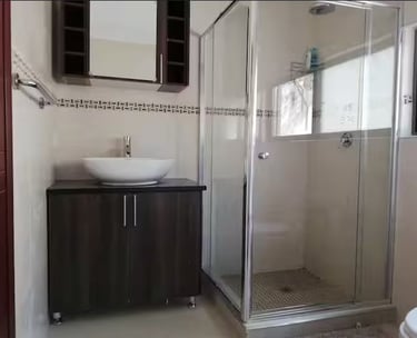 a bathroom with a sink and a shower