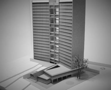 maquete estudo edificio multifuncional, com destaque para, embasamento com praça publica arqmaisart