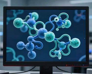 Macro photography of a high-resolution computer monitor displaying complex 3D molecular protein structures in shades of medium blue and teal. The background shows a blurred, high-tech North American / International computational lab environment.