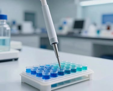 Clean, high-precision photography of a multi-well pipette plate containing vibrant blue and teal solutions on a white laboratory bench. The background is a soft-focus modern research facility in North American / International setting, illuminated by bright, cool clinical lighting.