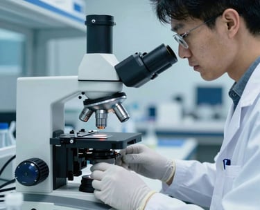 A close-up photograph of a scientist in a white laboratory coat and gloves working with a high-resolution microscopic imaging system. The scene is set in a modern North American / International biotechnology park, featuring deep blue shadows and bright pale cyan highlights.