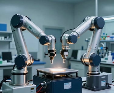 Clean-room photography of a robotic arm performing high-throughput screening in a pharmaceutical research lab. The composition is precise and symmetrical, featuring a palette of steel, dark blue, and teal in a North American / International setting.