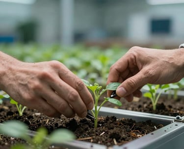 A close-up shot of hands working on a high-tech agricultural project in a North American innovation hub, emphasizing growth and sustainability with soft green and steel blue lighting.