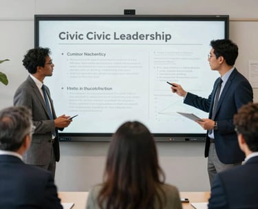 A group of diverse individuals in professional attire collaborating around a digital whiteboard in a North American community space, highlighting civic leadership and strategic planning.