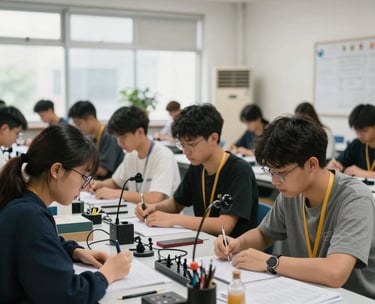 A vocational training center in a North American city with students learning advanced technical skills, bright natural light, professional environment.