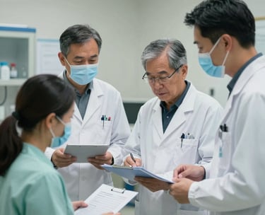 A clinical setting in the US where medical researchers and community workers review data together, emphasizing preventive healthcare models.