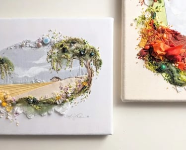 a watercolor painting with embroidery and bead additions
