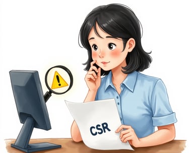 elinde üzerinde CSR yazılı bir kağıt olan bilgisayara bakan bir kadın