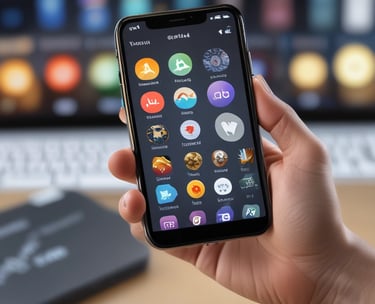 A hand holding a smartphone in front of a wooden background. The phone screen displays a financial investment application with the text 'The smartest thing to do with your money'. Below it, there are illustrations of stacked coins and a call-to-action button labeled 'Start investing'.