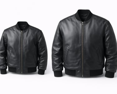 Black leather bomber jacket with front zip and ribbed cuffs