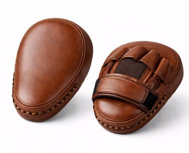 Compact leather focus pads with thick padding and secure grip for boxing and MMA training.