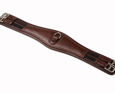 Leather horse girth with metal buckles.