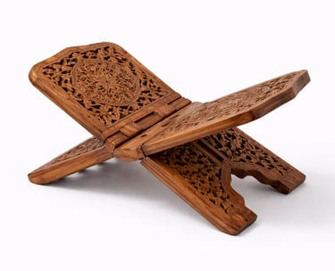 Hand-carved wooden Quran stand (Rehal) with traditional Islamic artwork