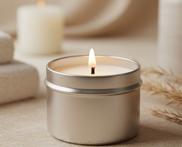 a candle with a candle in a tin canister