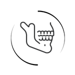 Minimalist black and white line art icon of a human jaw bone and teeth for dental health services.