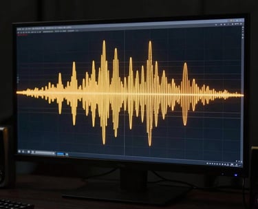 A digital radio frequency wave displayed on a high-resolution screen in a dark studio, glowing with gold colors.