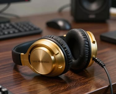 Close-up of professional gold-plated studio headphones resting on a dark, polished mahogany desk in a modern radio booth.