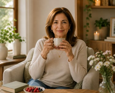 Mujer de 60 años disfrutando de un té tras su consulta nutricional personalizada