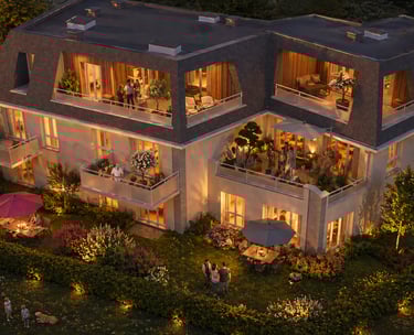 Résidence neuve haut de gamme avec balcons et espaces verts paysagers en extérieur