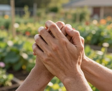 Close-up photography of hands clasping in a supportive gesture, set against a backdrop of a warm, sunlit North American community garden. The focus is on the connection and empathy between two individuals.