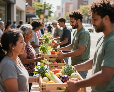 Candid photography of a food distribution event in a North American city. Volunteers are handing out crates of fresh produce to local families. The lighting is bright and optimistic, emphasizing a sense of community unity.