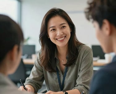 A close-up photograph of a woman in a North American professional workshop setting, smiling warmly while mentoring a young adult. The background is softly blurred, showing a modern, sun-drenched office space with light blue and off-white accents.