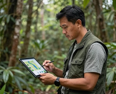 A professional Southeast Asian environmentalist in a dark green vest, standing in a forest, looking at a digital tablet showing topographic maps and data charts, natural daylight.