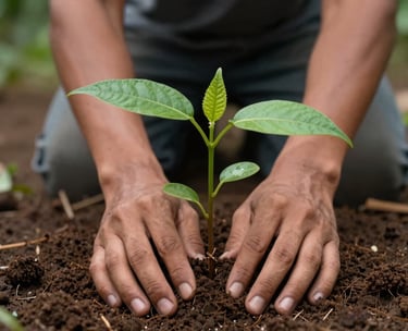 A close-up photograph of a young mahogany sapling being planted in rich Indonesian soil, hands of a Southeast Asian person gently patting the earth, soft morning light, dark green and light green tones.