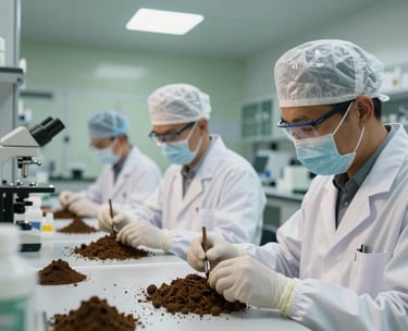 A photograph of a modern laboratory in Indonesia where researchers are analyzing soil samples from the forest, sterile environment, off-white and green accents.