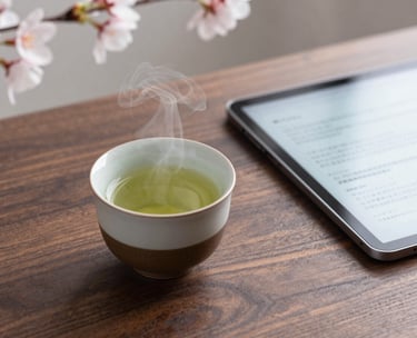 A steaming, artisan ceramic cup of green tea on a dark walnut table next to a sleek, modern digital tablet displaying Japanese text. Soft focus on cherry blossoms in the background. Minimalist photography.