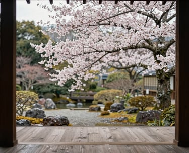 A serene photography shot of a traditional wooden Japanese veranda overlooking a peaceful garden with a blooming cherry blossom tree. Soft, natural daylight and a minimalist, calm atmosphere. International / English-speaking professional setting.