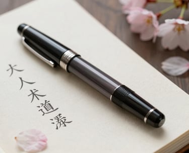 A close-up photograph of a high-quality fountain pen resting on a textured linen paper notebook containing elegant Japanese characters. Soft natural lighting with a hint of pink cherry blossom petals on the desk. International / English-speaking professional context.