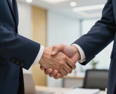 A close-up of a professional handshake between two people in business attire, one wearing a navy blue suit, in a bright North American office setting with gold accents.