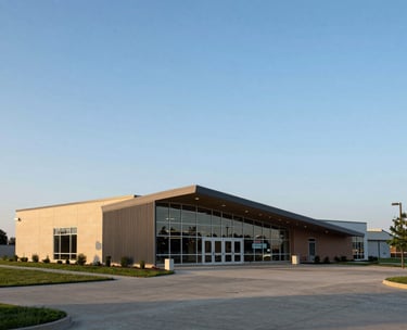 A wide-angle photography shot of a modern community center in Aurora, Illinois, with North American architecture under a clear blue sky, soft afternoon lighting.